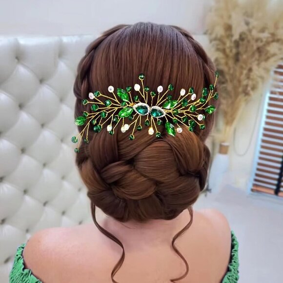 Bridal Hair Comb Rhinestone Crystal Wedding Headpiece Accessories Green Red main image 3